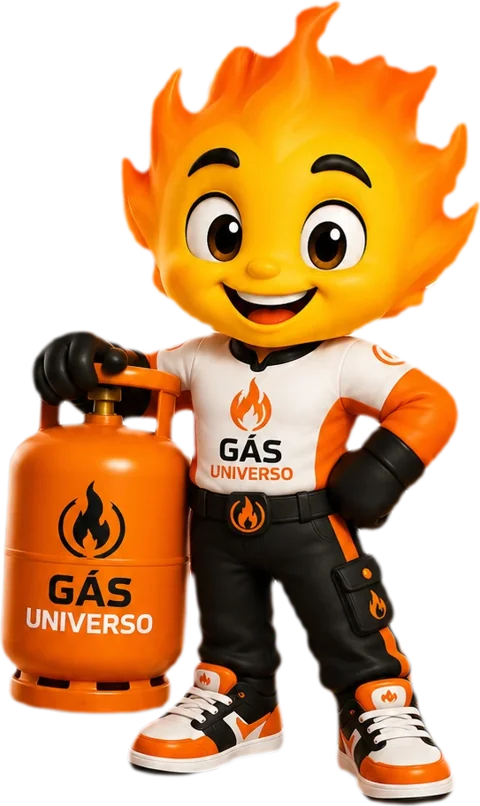 Mascote da Gás Universo: uma chama sorridente segurando um botijão